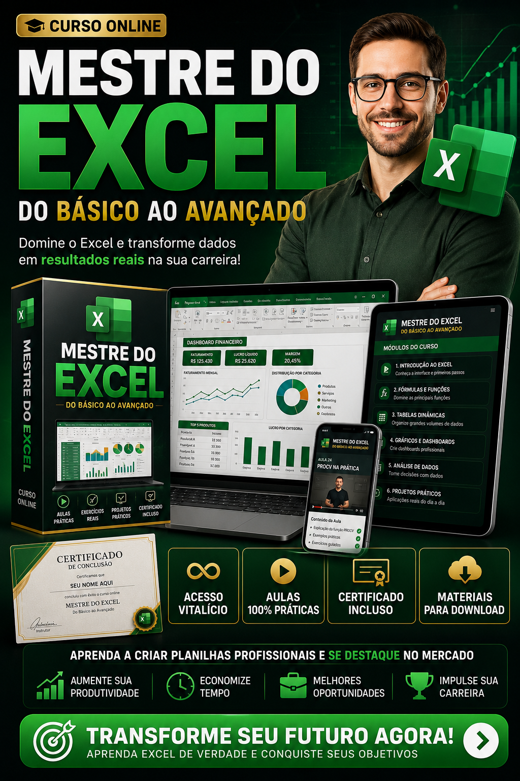 Mockup do curso Mestre do Excel com notebook, tablet, smartphone e certificado